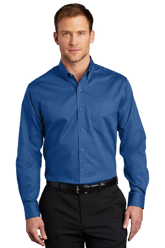 Contemporary Patterns Port Authority Mens SuperPro Wrinkle Resistant Long Sleeve Button Down Shirt w/ Pocket - True Blue