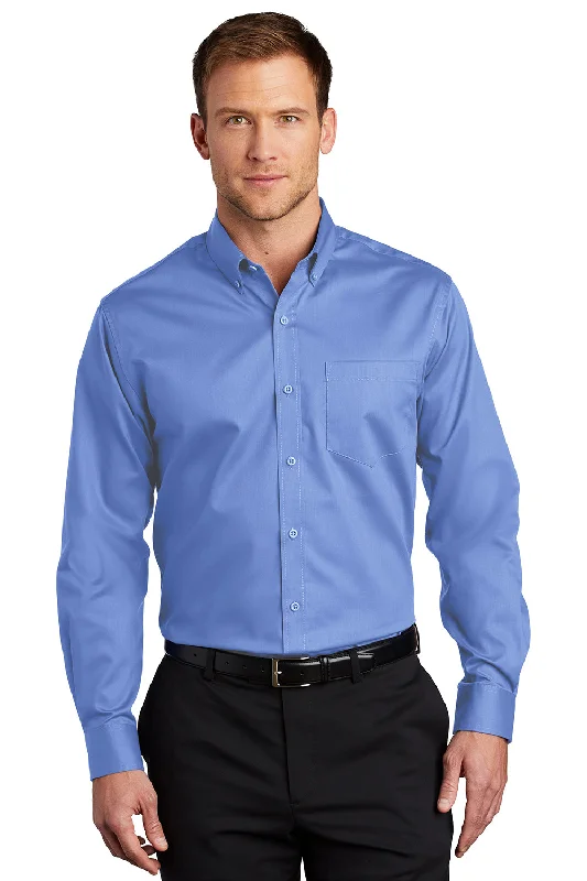 Modern Simplicity Port Authority Mens SuperPro Wrinkle Resistant Long Sleeve Button Down Shirt w/ Pocket - Ultramarine Blue