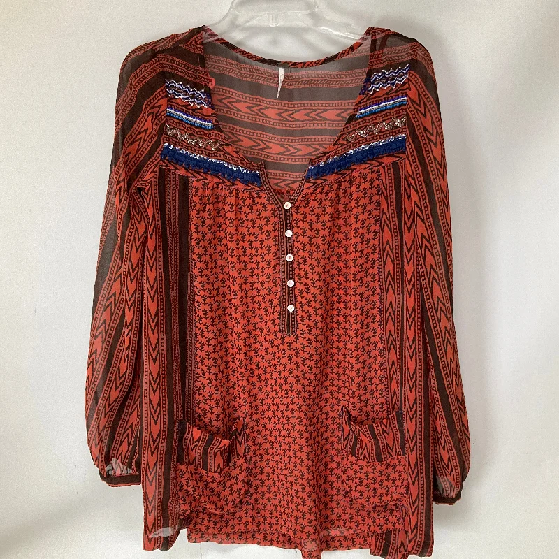 Trendy Tailoring Tunic Long Sleeve By Free People In Brown & Pink, Size: S