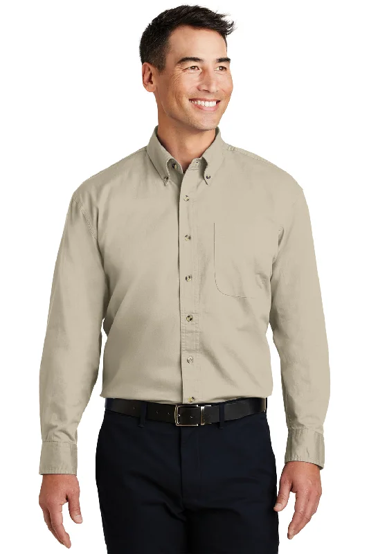 Statement Prints Port Authority Mens Long Sleeve Button Down Shirt w/ Pocket - Stone - Closeout