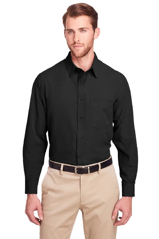 Classic Sporty UltraClub Mens Bradley Performance Moisture Wicking Long Sleeve Button Down Shirt w/ Pocket - Black - Closeout