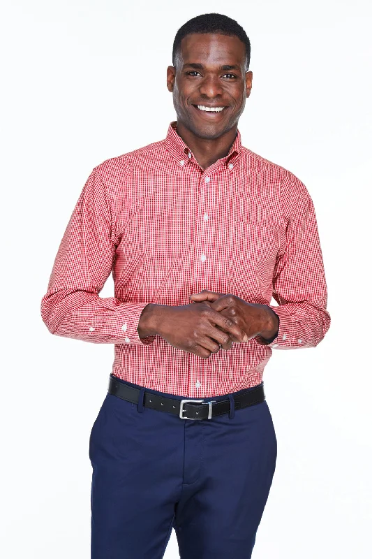 Structured Casual Devon & Jones Mens Crown Woven Collection Wrinkle Resistant Long Sleeve Button Down Shirt w/ Pocket - Red