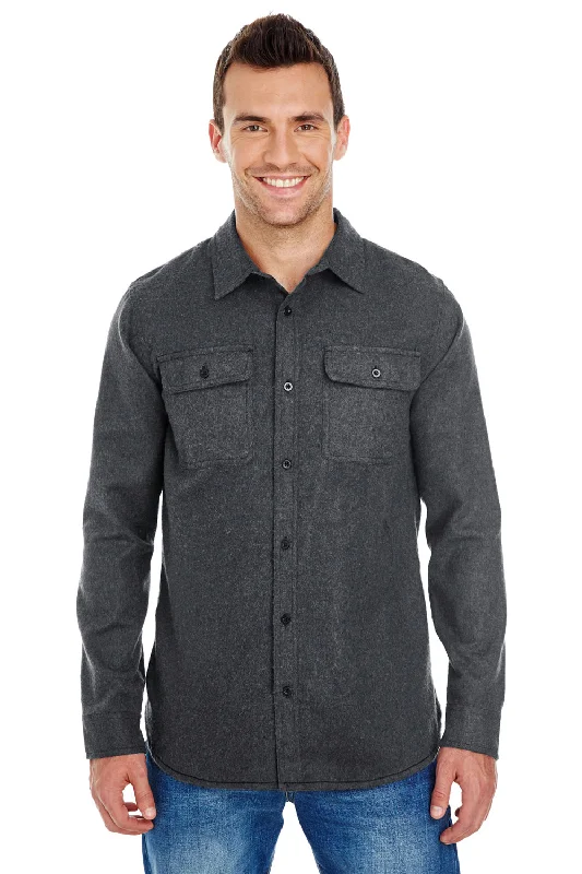 Classic Patterns Burnside Mens Flannel Long Sleeve Button Down Shirt w/ Double Pockets - Charcoal Grey