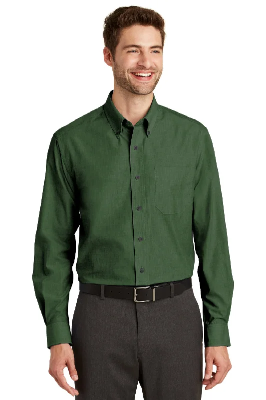 Fashion Statement Port Authority Mens Easy Care Wrinkle Resistant Long Sleeve Button Down Shirt w/ Pocket - Dark Cactus Green - Closeout