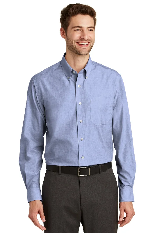 Chic Tailoring Port Authority Mens Easy Care Wrinkle Resistant Long Sleeve Button Down Shirt w/ Pocket - Chambray Blue