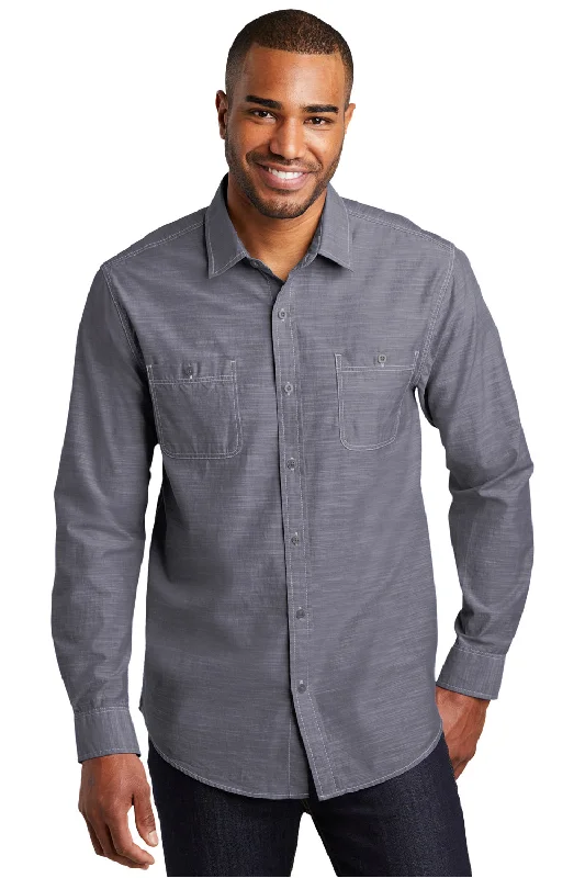 Chic Essentials Port Authority Mens Slub Chambray Long Sleeve Button Down Shirt w/ Double Pockets - True Navy Blue