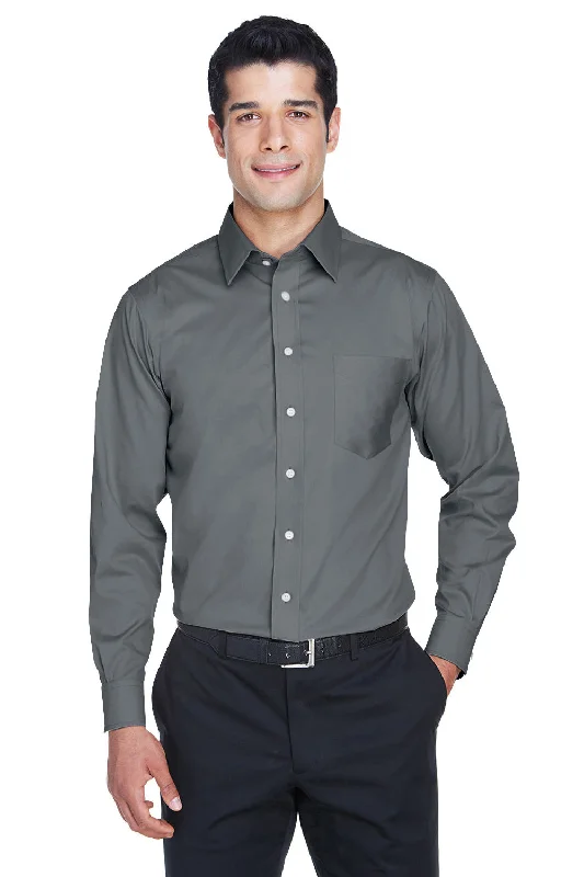 Statement Denim Devon & Jones Mens Crown Woven Collection Wrinkle Resistant Long Sleeve Button Down Shirt w/ Pocket - Graphite Grey