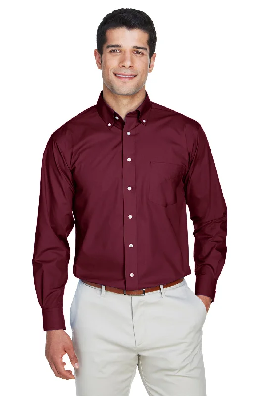 Sophisticated Edge Devon & Jones Mens Crown Woven Collection Wrinkle Resistant Long Sleeve Button Down Shirt w/ Pocket - Burgundy