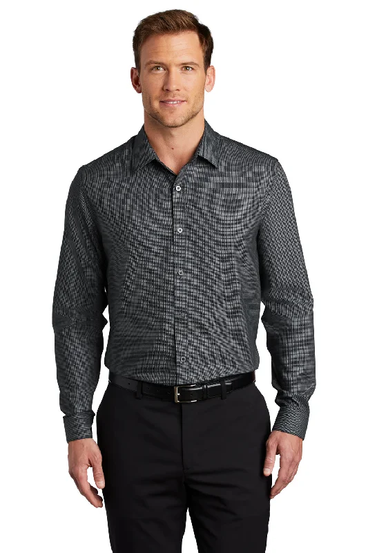 Rugged Minimalism Port Authority Mens Pincheck Wrinkle Resistant Long Sleeve Button Down Shirt - Black/Steel Grey - Closeout