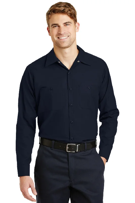 Casual Outdoors Red Kap Mens Industrial Moisture Wicking Long Sleeve Button Down Shirt w/ Double Pockets - Navy Blue