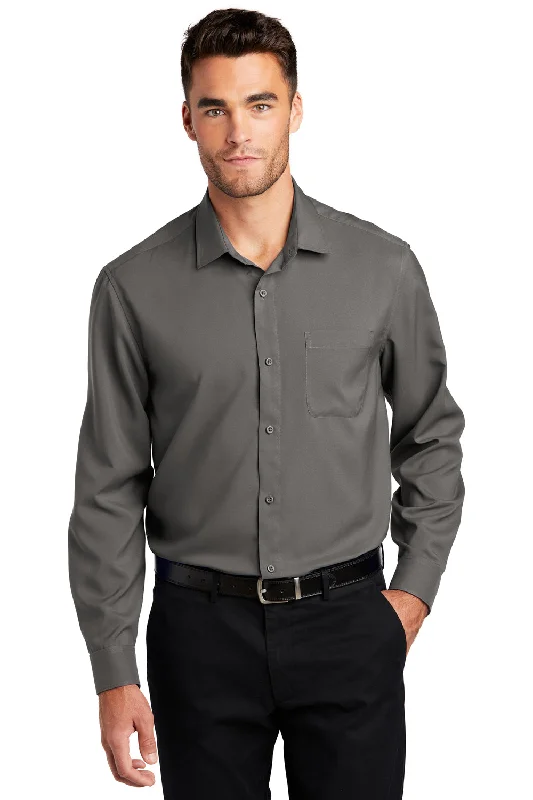 Urban Sportwear Port Authority Mens Performance Moisture Wicking Long Sleeve Button Down Shirt w/ Pocket - Graphite Grey