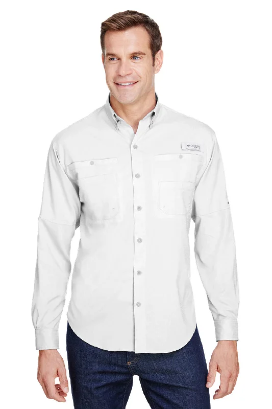 Vintage Retro Columbia Mens Tamiami II Moisture Wicking Long Sleeve Button Down Shirt w/ Double Pockets - White - Closeout