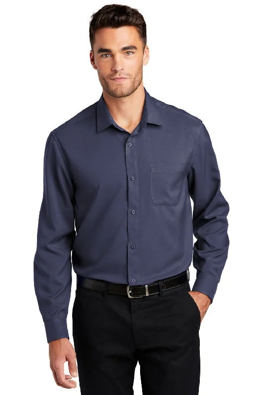 Tailored Utility Port Authority Mens Performance Moisture Wicking Long Sleeve Button Down Shirt w/ Pocket - True Navy Blue