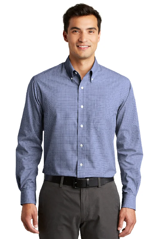 Contemporary Edge Port Authority Mens Easy Care Wrinkle Resistant Long Sleeve Button Down Shirt w/ Pocket - Navy Blue