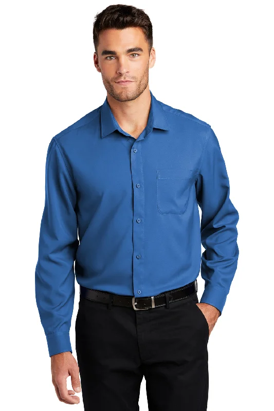 Urban Chic Port Authority Mens Performance Moisture Wicking Long Sleeve Button Down Shirt w/ Pocket - True Blue