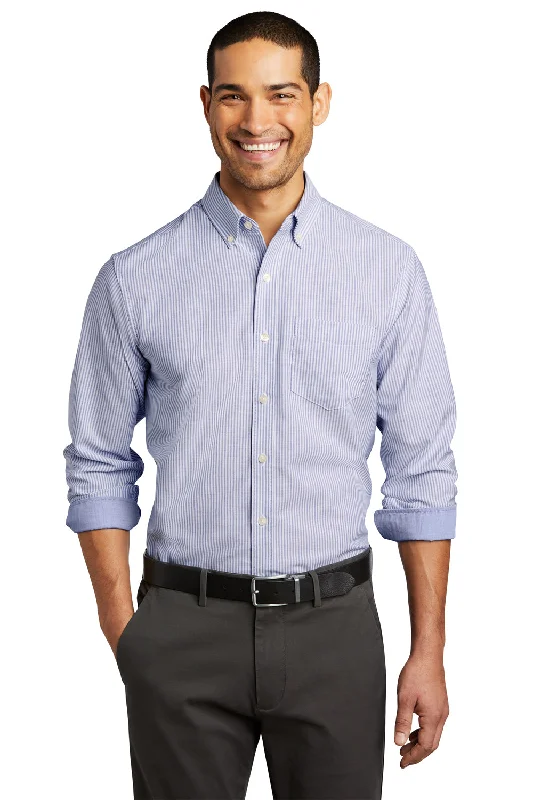 Minimalist Prints Port Authority Mens SuperPro Wrinkle Resistant Long Sleeve Button Down Shirt w/ Pocket - Oxford Blue/White - Closeout