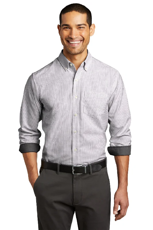 Casual Essentials Port Authority Mens SuperPro Wrinkle Resistant Long Sleeve Button Down Shirt w/ Pocket - Black/White