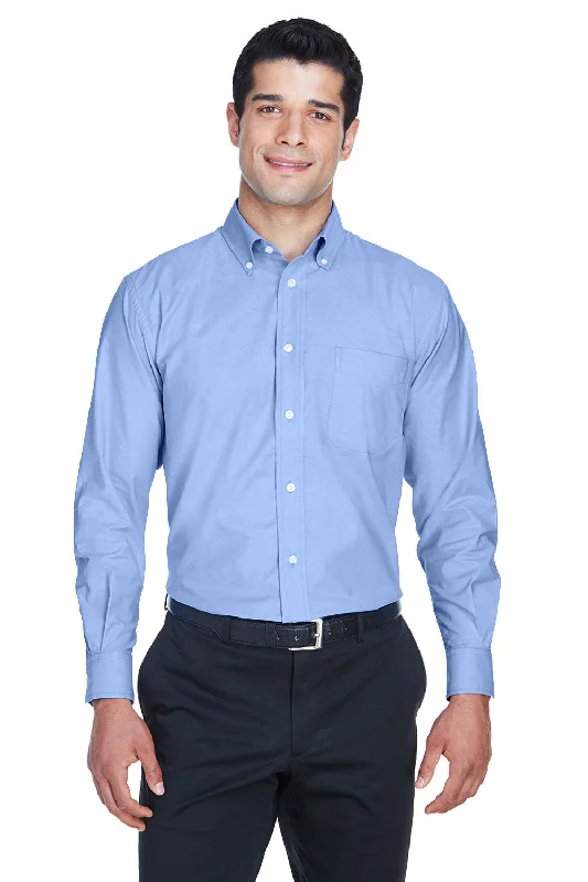 Trendy Casual Harriton Mens Oxford Wrinkle Resistant Long Sleeve Button Down Shirt w/ Pocket - Light Blue