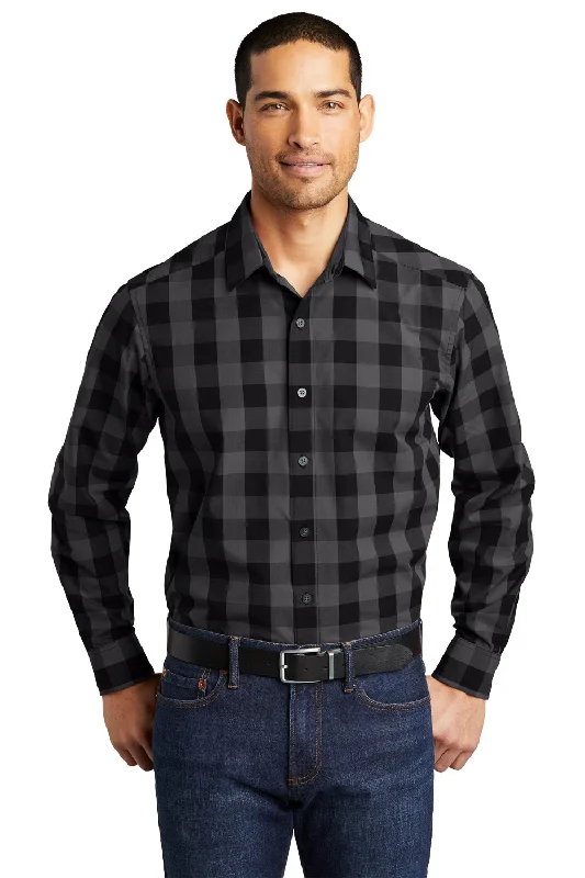 Bold Streetwear Port Authority Mens Everyday Plaid Long Sleeve Button Down Shirt - Black - Closeout