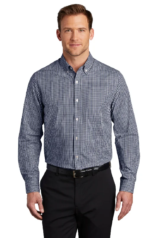 Futuristic Casual Port Authority Mens Broadcloth Gingham Wrinkle Resistant Long Sleeve Button Down Shirt w/ Pocket - True Navy Blue/White - Closeout