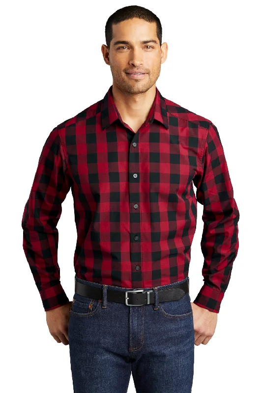 Relaxed Outdoors Port Authority Mens Everyday Plaid Long Sleeve Button Down Shirt - Rich Red