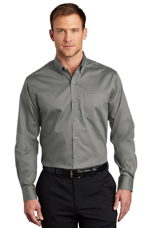 Everyday Utility Port Authority Mens SuperPro Wrinkle Resistant Long Sleeve Button Down Shirt w/ Pocket - Monument Grey