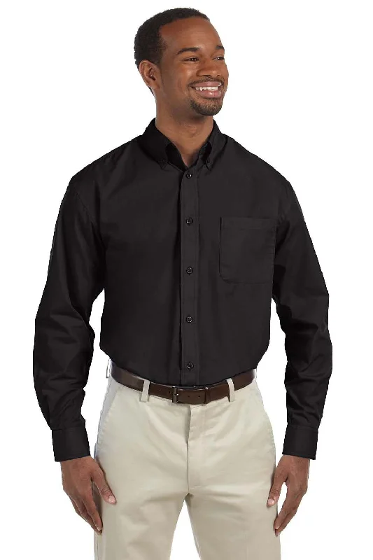 Retro Pastels Harriton Mens Essential Long Sleeve Button Down Shirt w/ Pocket - Black