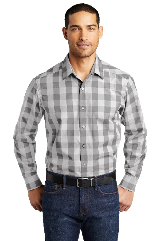 Sporty Elegance Port Authority Mens Everyday Plaid Long Sleeve Button Down Shirt - Shadow Grey