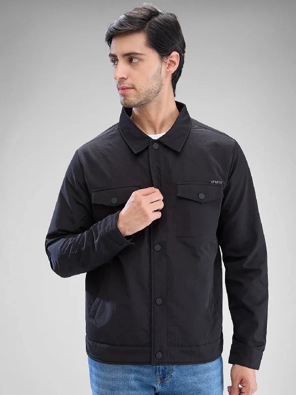 Clean Lines Spykar Jet Black Nylon Full Sleeve Jacket For Men