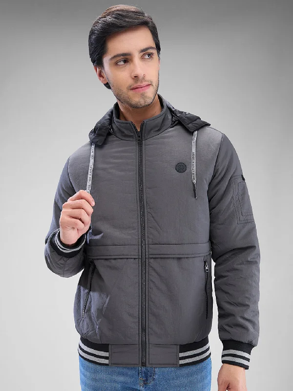 Relaxed Outdoors Spykar Charcoal Grey Nylon Full Sleeve Jacket For Men