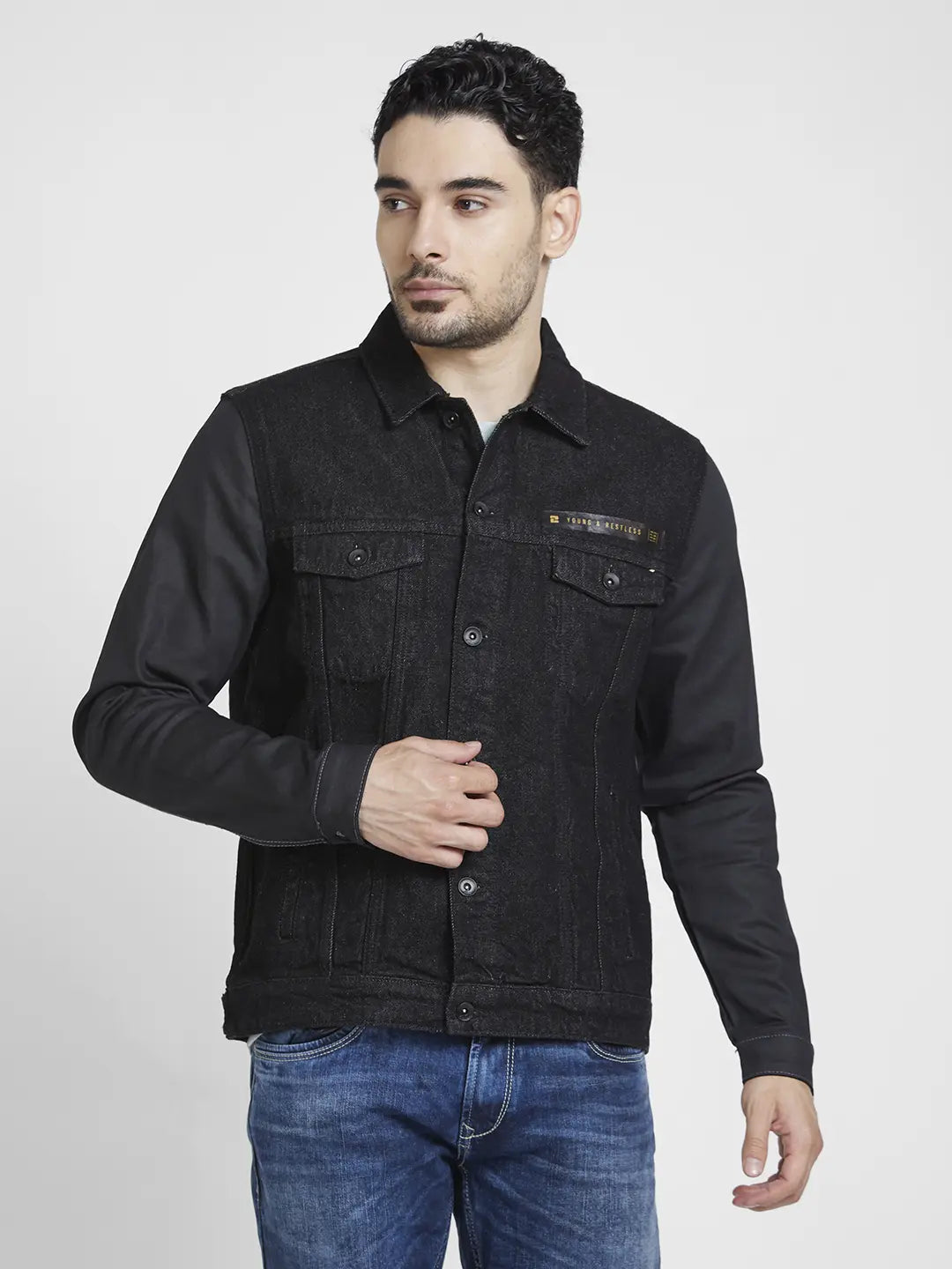 Preppy Minimalism Spykar Men Black Cotton Regular Fit Denim Jacket