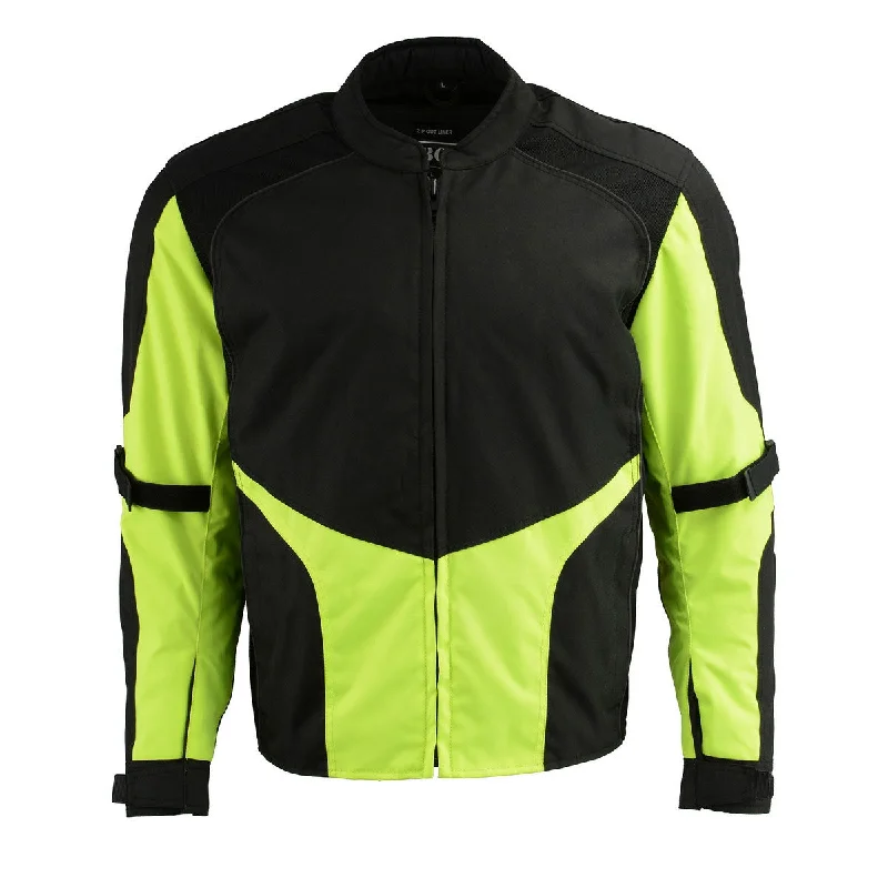 Trendy Casual M Boss Motorcycle Apparel BOS11706 Men's Black/Hi-Vis Green Nylon Motorcycle Racer Jacket with Armor Protection