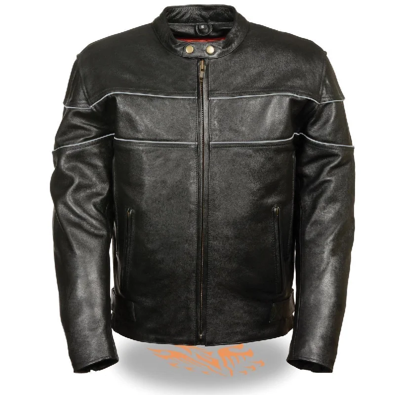 Cozy Layers Milwaukee Leather SH1785 Men's Black Leather Scooter Style Motorcycle Jacket w/ Side Stretch and Reflective Piping