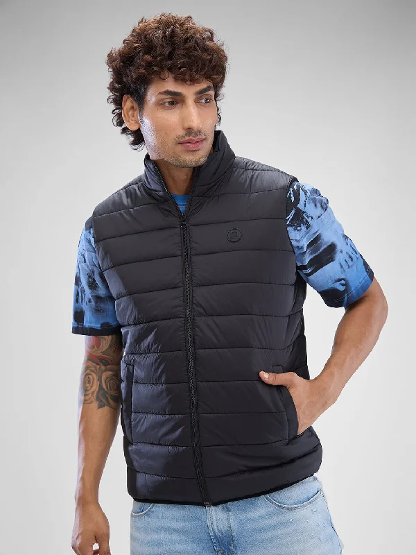 Contemporary Relaxed Spykar Black Polyester Sleeveless Jacket For Men