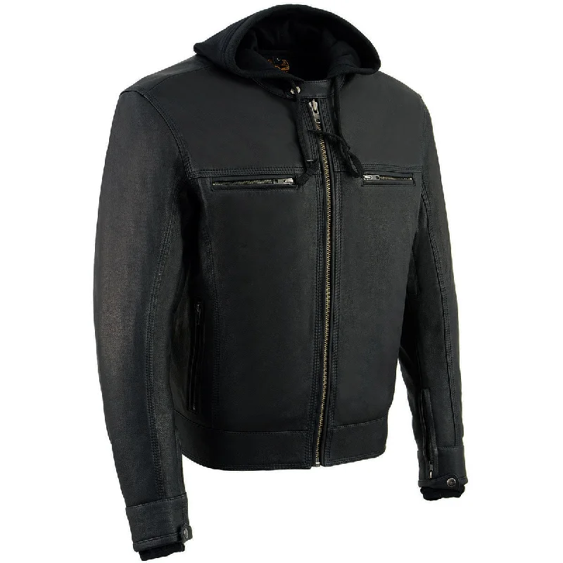 Earthy Minimalism Milwaukee Leather MLM1552 Men's Black Leather ‘Utility Pocket’ Vented Scooter Style Motorcycle Jacket w/ Hoodie