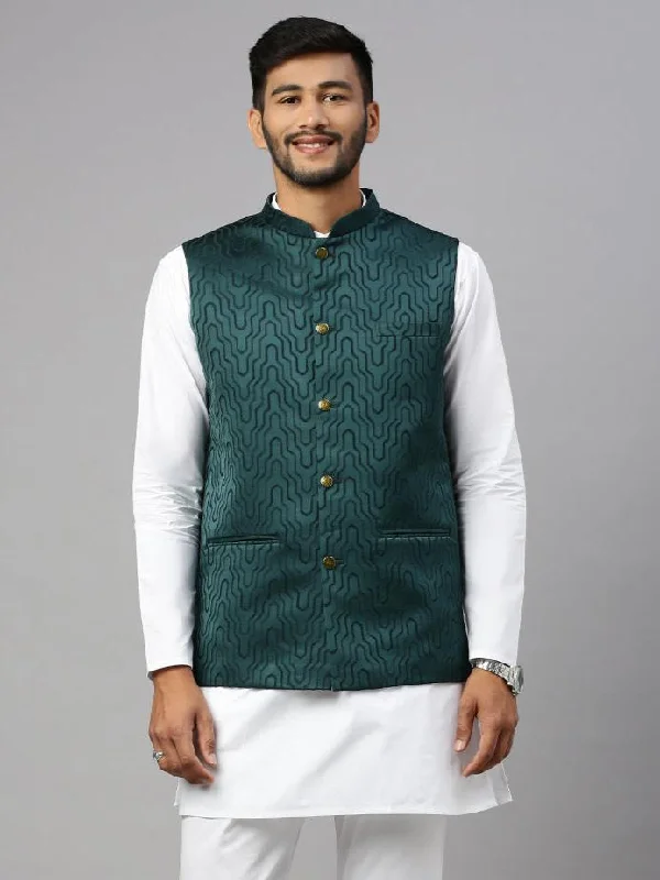 Elevated Monochrome Men Printed Ethnic Jacket Dark Green JC5