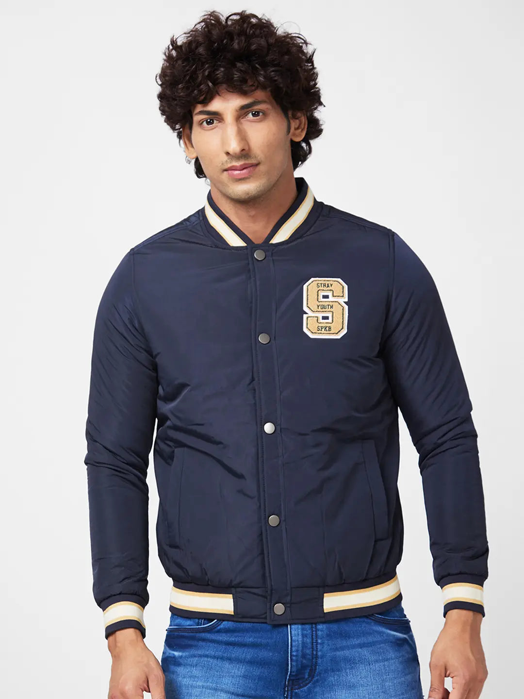 Polished Minimalism Men'S Varsity Jacket With Towel Embroidery Badges