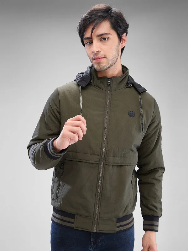 Monochrome Essentials Spykar Dark Olive Green Nylon Full Sleeve Jacket For Men