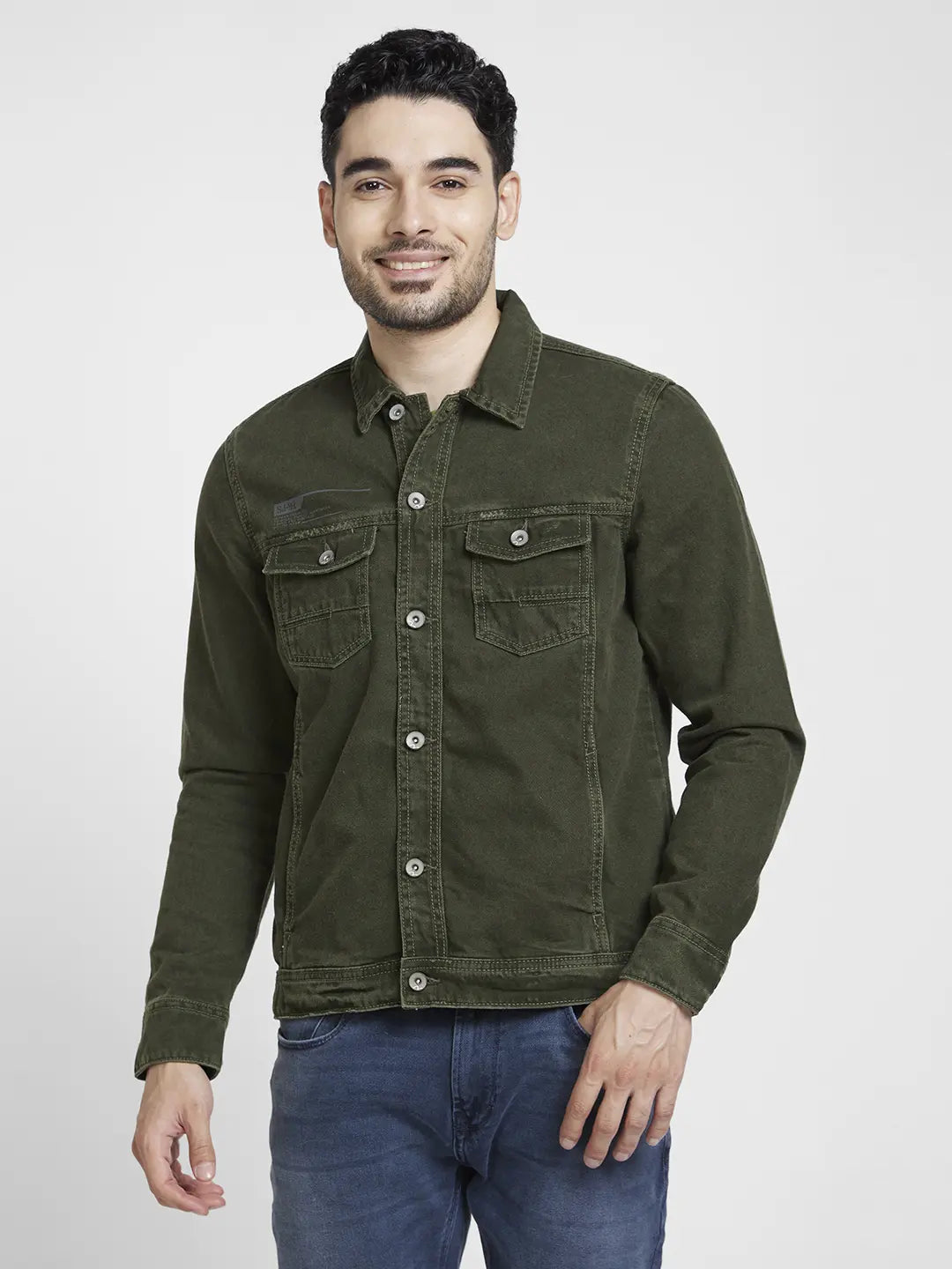 Distressed Denim Spykar Men Dark Olive Cotton Regular Fit Denim Jacket