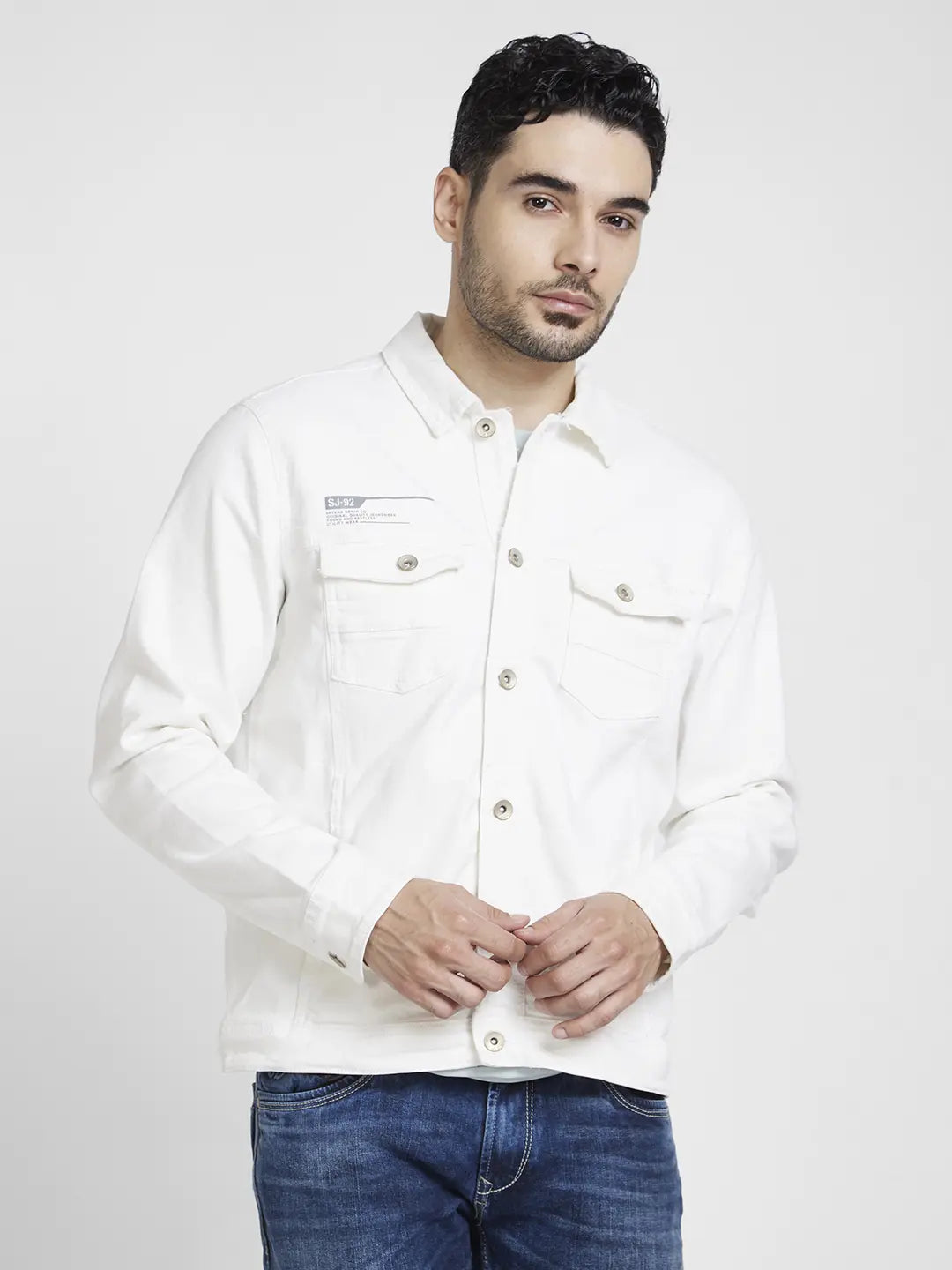 Contemporary Minimalism Spykar Men White Cotton Regular Fit Denim Jacket