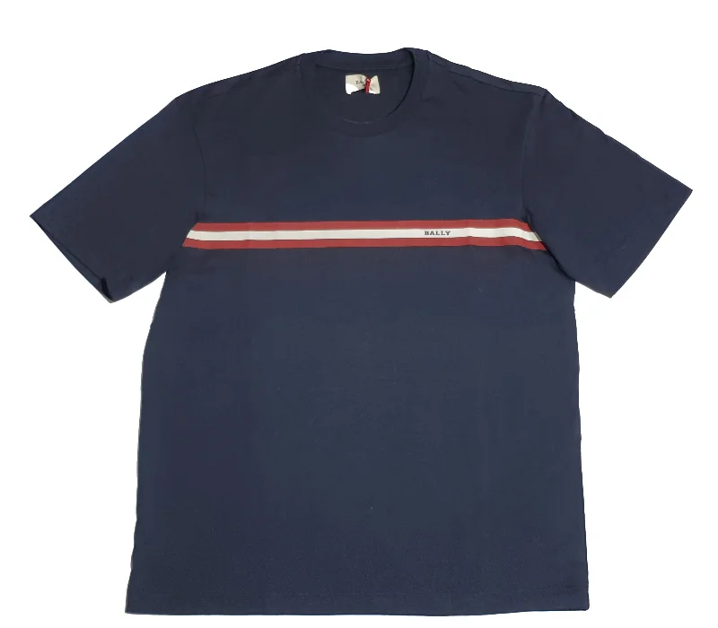 Simple Aesthetic Bally 6233735 Men's Navy Blue 100% Cotton Striped Logo T-Shirt