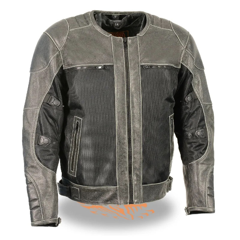 Distressed Denim Milwaukee Leather MPM1796 Men's Armored Distressed Grey Leather and Mesh Racer Jacket