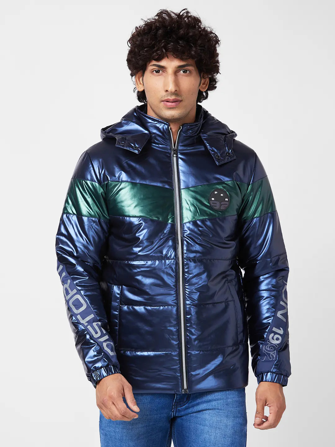 Fashionable Classics Men'S Metallic Look Jacket With Flash Reflective Print