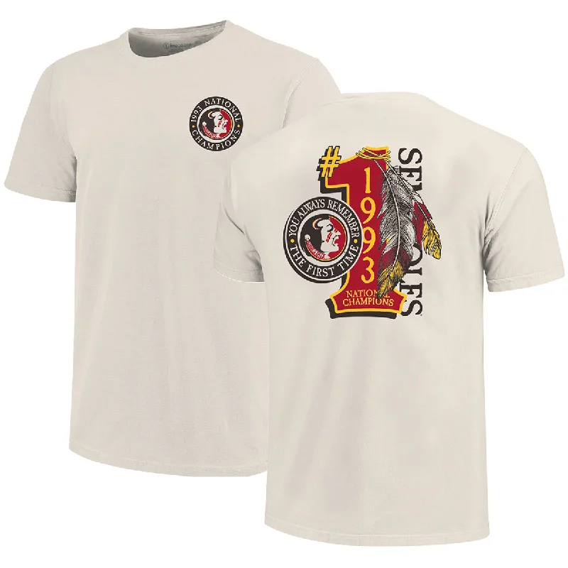 Retro Streetwear Image One Adult/Unisex Vault Seminole Head 1993 National Champs #1 Feather Design Short Sleeve T-shirt - Bone