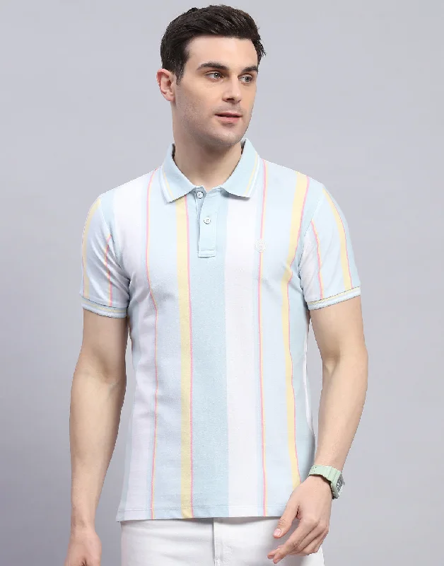 Layered Utility Men Blue Stripe Polo Collar Half Sleeve T-Shirt