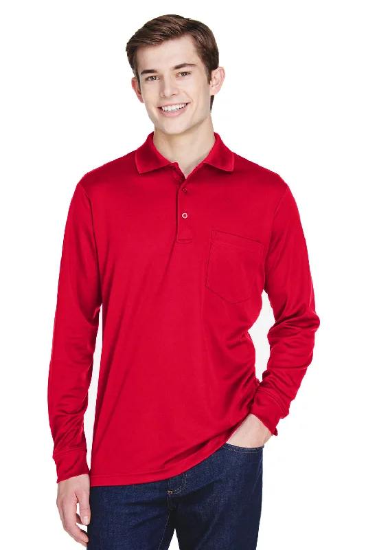 Vintage Layers Core 365 Mens Pinnacle Performance Moisture Wicking Long Sleeve Polo Shirt w/ Pocket - Classic Red