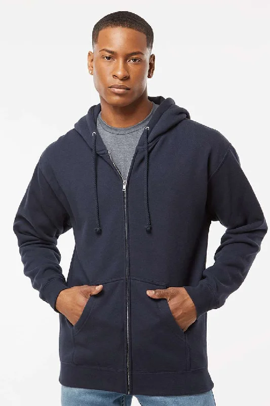 Vintage Sports Independent Trading Company Mens Full Zip Hooded Sweatshirt Hoodie w/ Pockets - Navy Blue