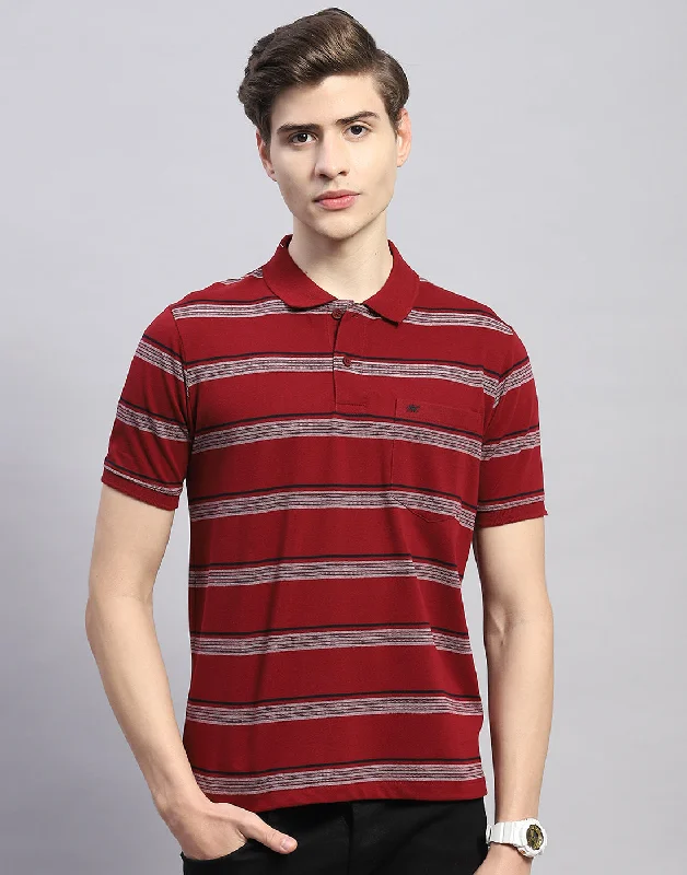 Monochrome Essentials Men Maroon Stripe Polo Collar Half Sleeve T-Shirt