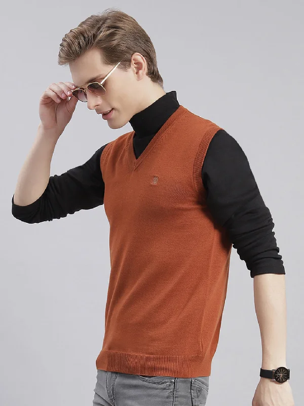 Timeless Layers Men Rust Solid V Neck Sleeveless Sweaters/Pullovers