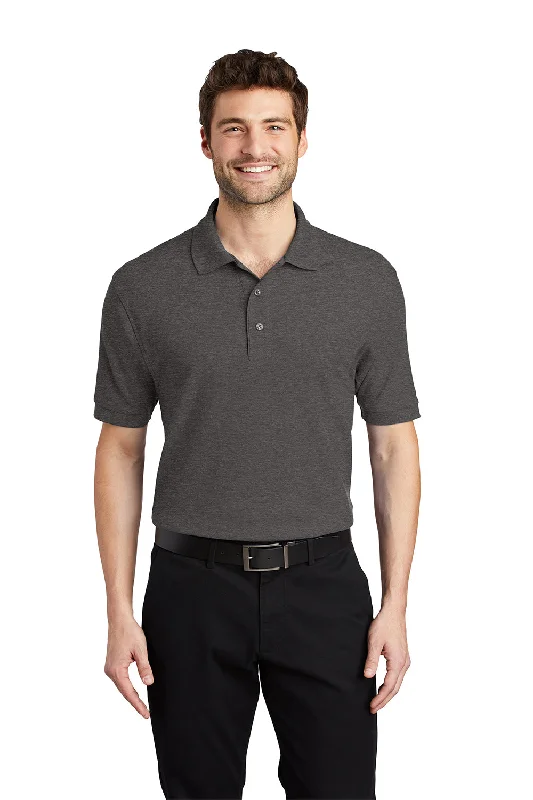 Vintage Retro Port Authority Mens Silk Touch Wrinkle Resistant Short Sleeve Polo Shirt - Heather Charcoal Grey